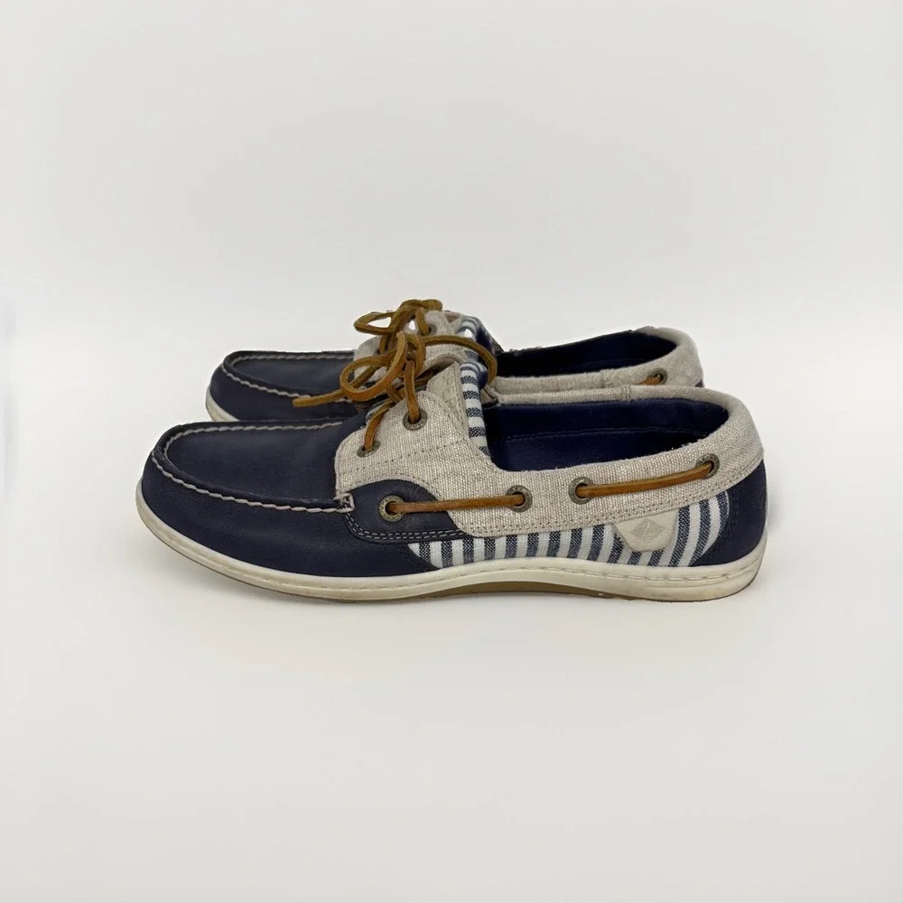 Sperry Top-Sider Women's 8M Boat Shoes Navy Cream Striped Leather Canvas T14